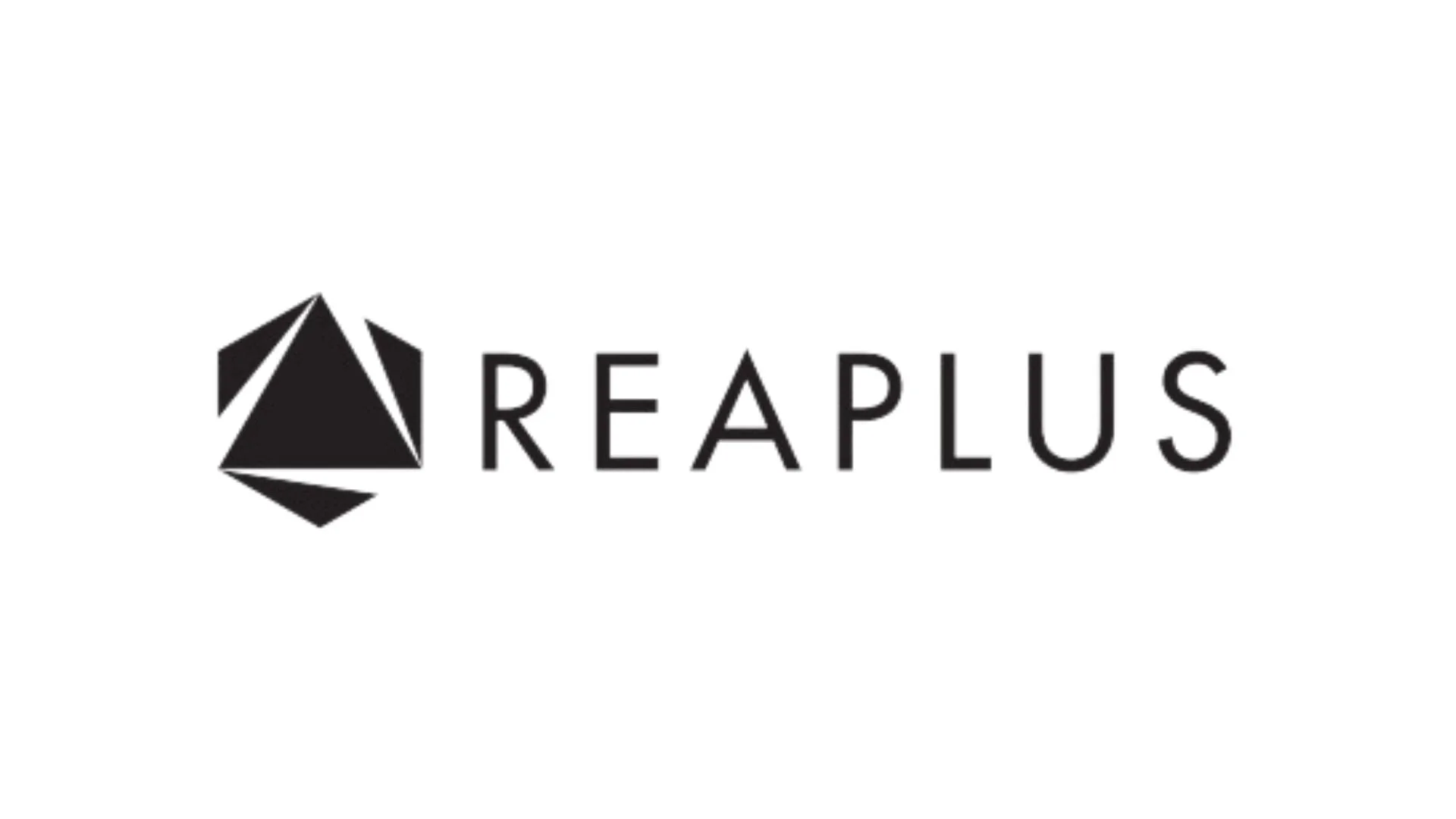 白い背景に黒い幾何学的な図形と「REAPLUS」というテキストが配置された、シンプルでモダンな企業ロゴ